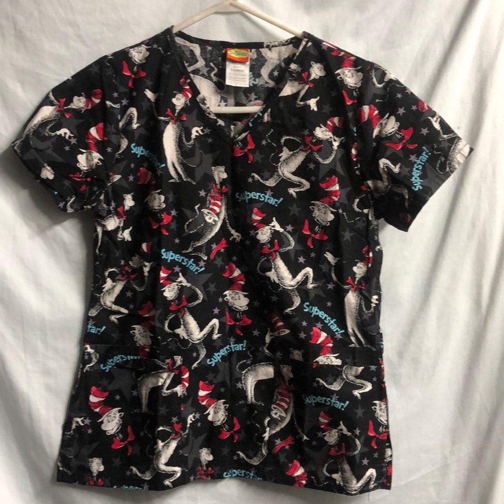 Dr. Seuss triple pockets v neck scrub top XS cat in the hat Superstar!